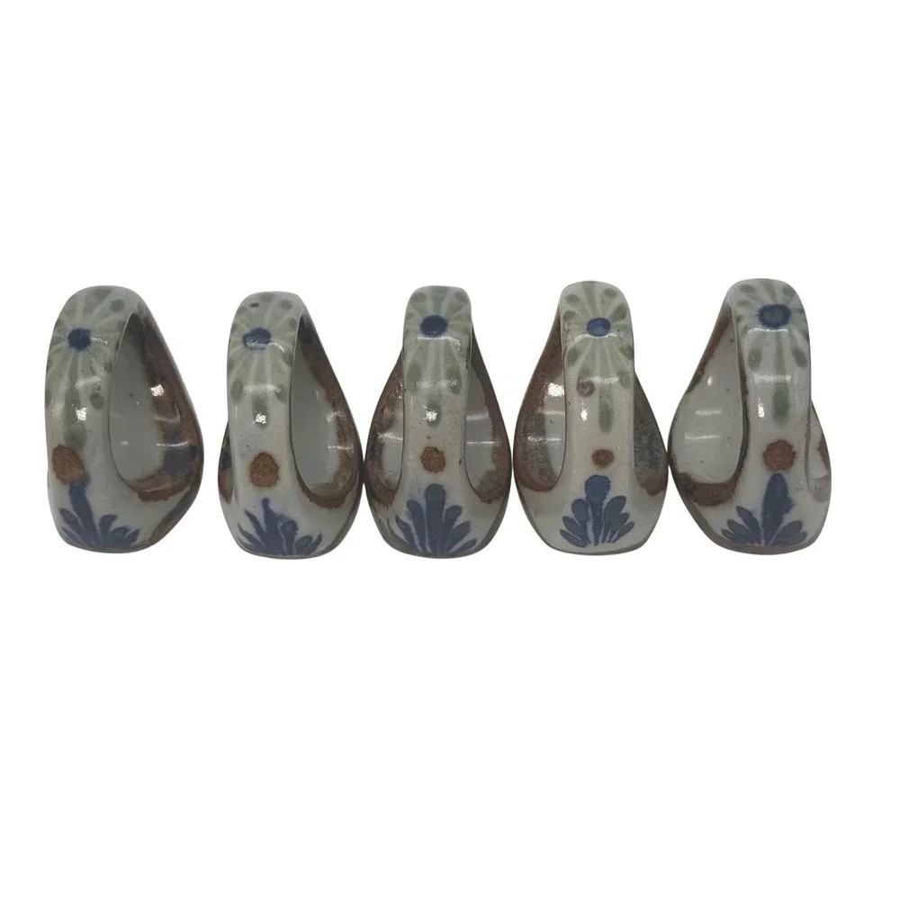 Vintage Ken Edwards Tonala Mexican Pottery Napkin Rings Set of 5 Signed KE Bird